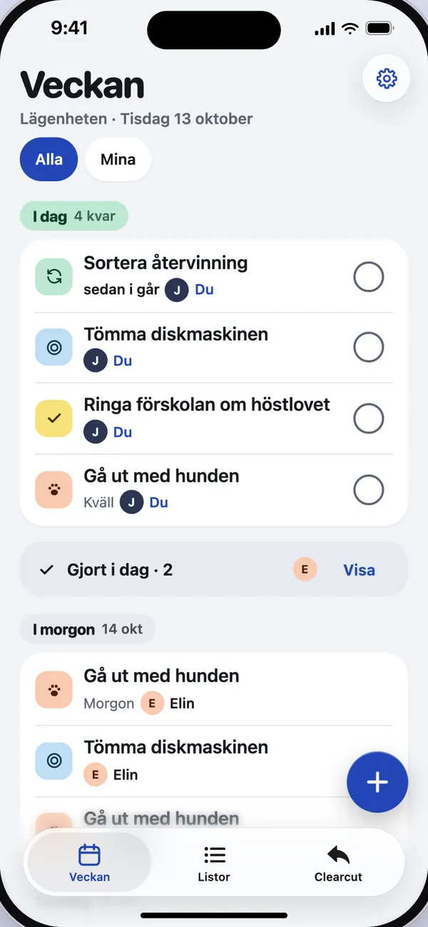 Hemmet i OneDuck: veckans sysslor och vems tur det är.